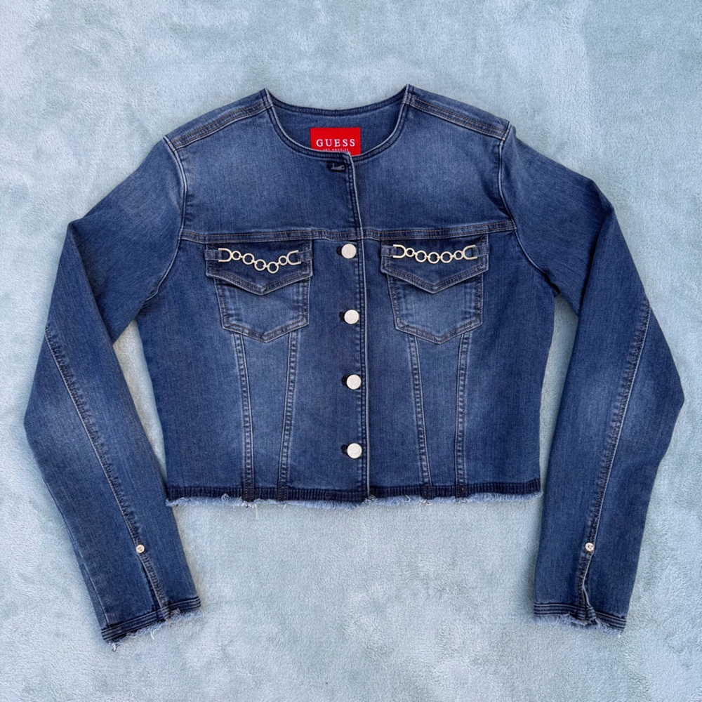 Guess Chain Fray-Hem Long-Sleeve Terrie denim Jacket